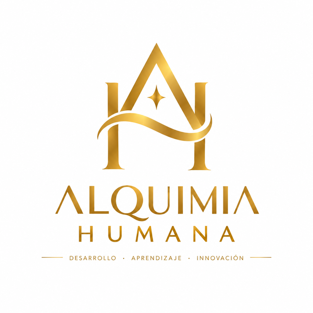 Logo oficial de Alquimia Humana: monograma AH dorado con la leyenda Desarrollo, Aprendizaje, Innovación